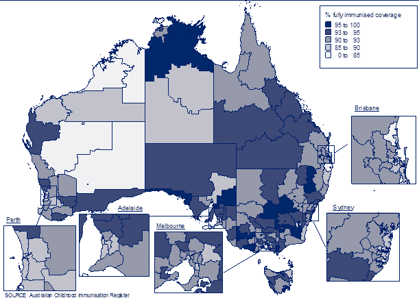Figure 15:  'Fully immunised' coverage at 24 months of age, by Statistical Subdivision, Australia, 2009