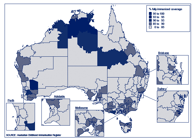 Figure 16:  'Fully immunised' coverage at 5 years of age, by Statistical Subdivision, Australia, 2009