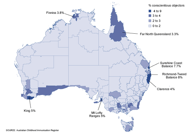 Figure 17:  Proportion of official conscientious objectors to immunisation, Australia, 2009 for the cohort born January 2003 to December 2008