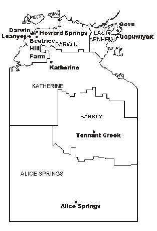 Figure 2. Map of sentinel chicken flock sites in the Northern Territory. Darwin, Leanyer, Howard Springs, Gove, Gapuwiyak, Beatrice Hill Farm, Katherine, Tennant Creek, Alice Springs.