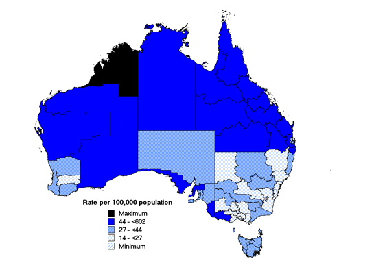 Map 2. Notification rates of salmonellosis, Australia, 2001, by Statistical Division of residence