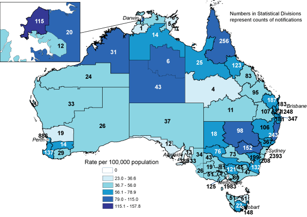 Map 3:  Notification rates for incident hepatitis C and hepatitis C (unspecified), Australia, 2007, by Statistical Division of residence and Statistical Subdivision for the Northern Territory 