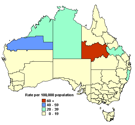 Map 10. Notification rate of Barmah Forest virus infection, 1997, by Statistical Division of residence
