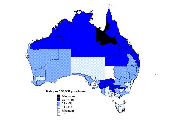 Map 9. Notification rates of Ross River virus infection, Australia 2001, by Statistical Division of residence