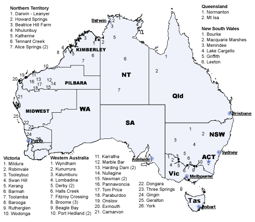 Map 10. Geographical distribution of sentinel chicken flocks for the surveillance of arboviruses, Australia, 2001