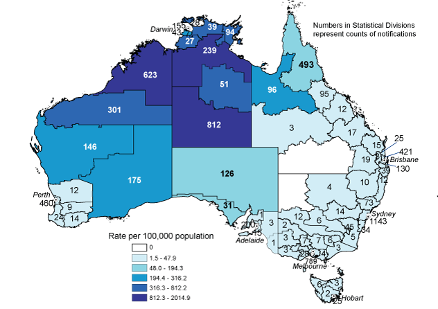 Map 4:  Notification rates for gonococcal infection, Australia, 2007, by Statistical Division of residence and Statistical Subdivision for the Northern Territory