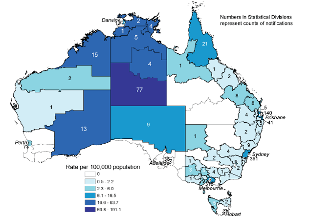 Map 5:  Notification rates for infectious syphilis, Australia, 2007, by Statistical Division of residence and Statistical Subdivision for the Northern Territory