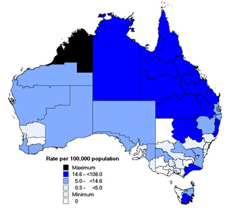 Map 8. Notification rates of Ross River virus infection, Australia, 2002, by Statistical Division of residence