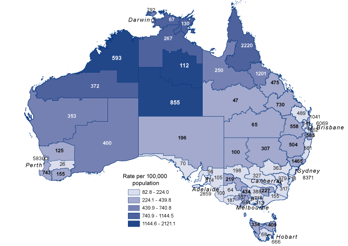 Map 2:  Notification rates and counts for chlamydial infection, Australia, 2008, by Statistical Division of residence and Statistical Subdivision of residence for the Northern Territory