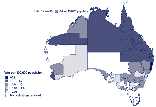 Map 7. Notification rates for Barmah Forest virus infection, Australia, 2004, by Statistical Division of residence 