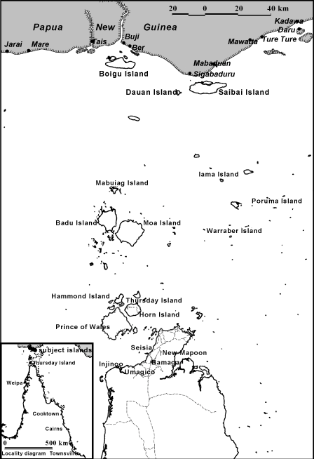 This map shows the Torres Strait with the location of Dauan and Saibai Island at the south tip of Paupua New Guinea above the top of Queensland, near Sigabaduru