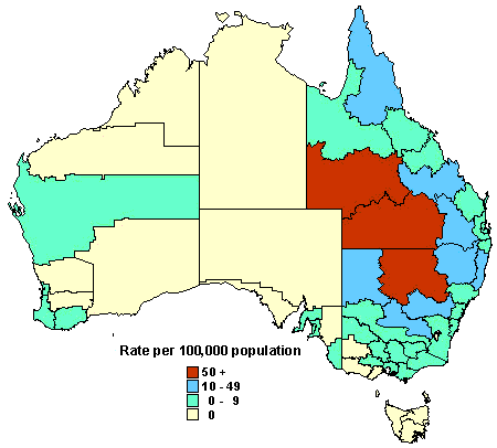 Map 12. Notification rate of Q fever, 1997, by Statistical Division of residence