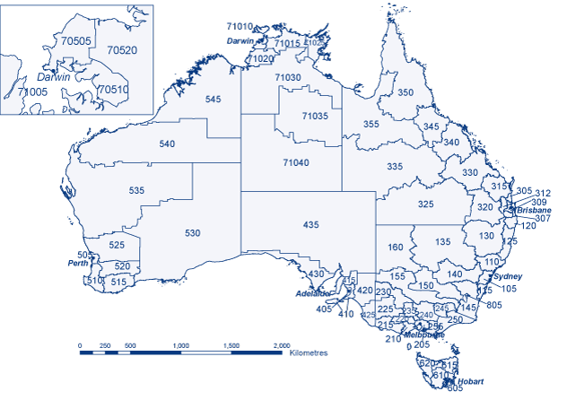 Map 1:  Australian Bureau of Statistics Statistical Division codes, Australia, and Statistical Subdivision codes, Northern Territory, 2008