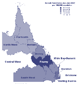 Figure 6b. Geographic distribution of notified cases of Ross River virus infection in Queensland, Australia, April to June 2003.