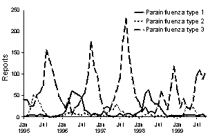 Figure 5. Laboratory reports of parainfluenza, Australia, 1995-1999, by type and month of specimen collection