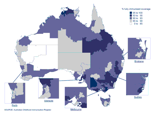 Figure 17:  'Fully immunised' coverage at 12 months of age, Australia, 2008, by Statistical Sub-Division