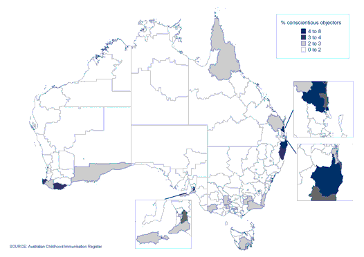 Figure 20:  Proportion of official conscientious objectors to immunisation, Australia, 2007 (cohort born 1 January 2001 to 31 December 2006)